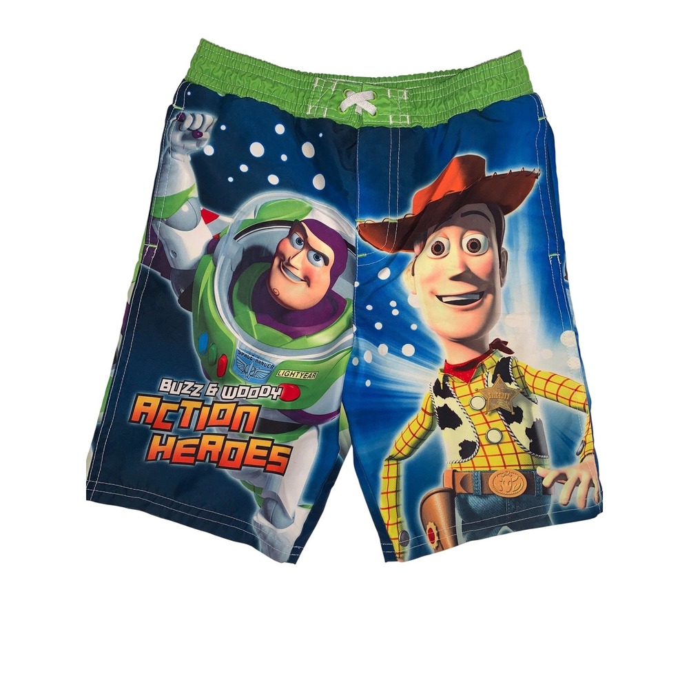 Toy Story Boys 4T Buzz Lightyear Woody Swim Trunks Blue Green‎